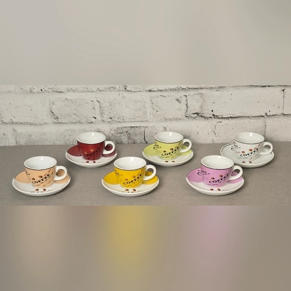Vintage Café Coffee Cups & Saucers Set of 6 Multicolor Espresso Style - Picture 4 of 12